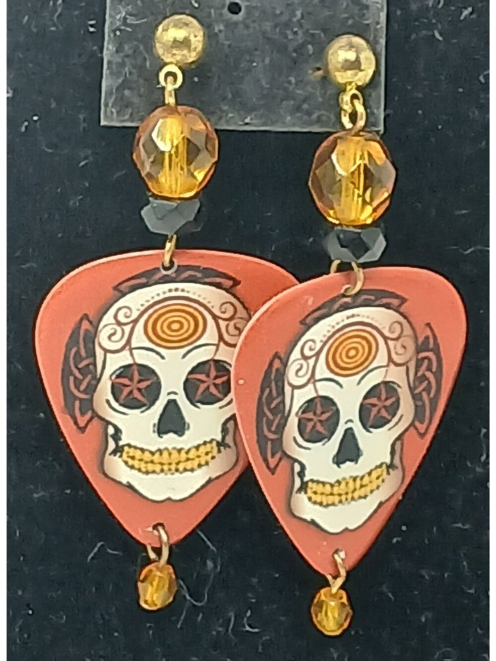 Sugar Skull Guitar Pick Earrings Dangle W/ Beads Halloween Orange Artisan #J-G
